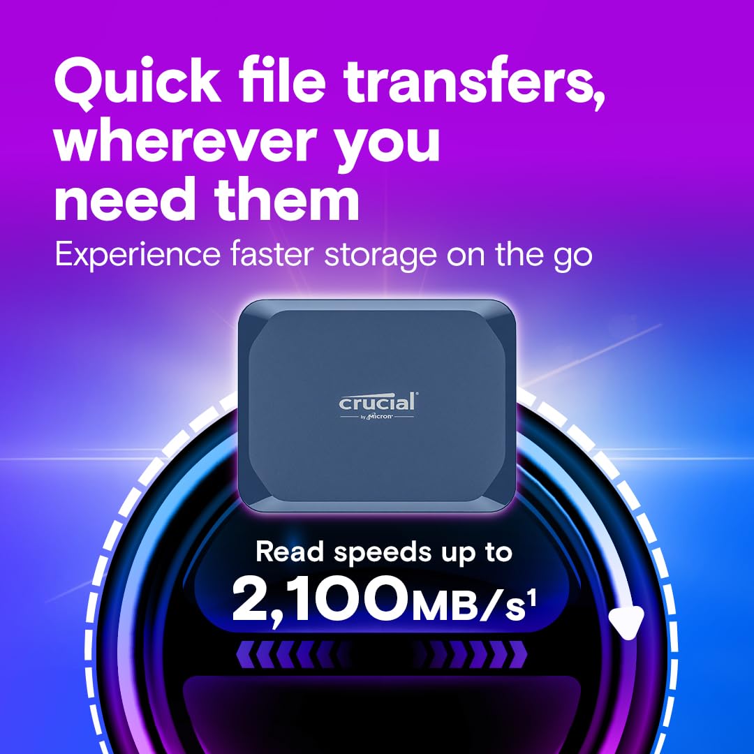 Crucial X10 2TB External SSD, up to 2,100MB/s, USB-C 3.2 Gen2, IP65 water and dust resistant, portable SSD for Mac, PC, smartphone, and gaming console, matte blue - CT2000X10SSD9-02
