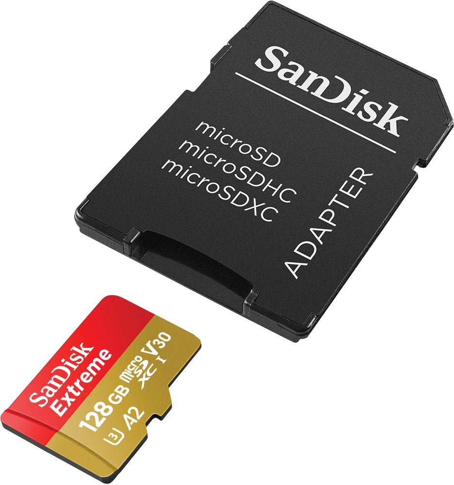 SanDisk Extreme microSDXC UHS-I Memory Card 128GB for action cams and drones + Adapter + RescuePRO Deluxe (up to 190MB/s, A2, Class 10, U3, V30)
