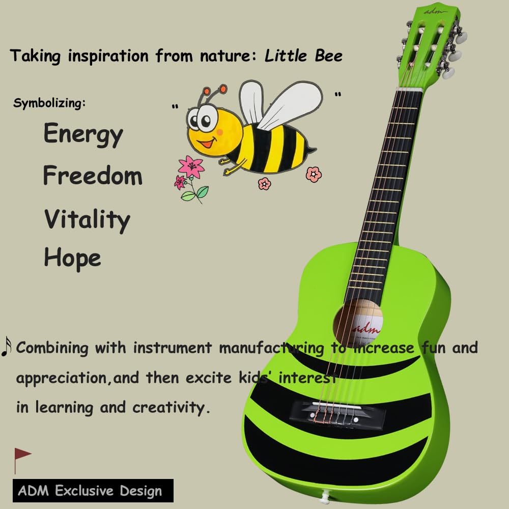 ADM 1/4 Children's Guitar Junior Classical Guitar for Beginners with Tuner, Bag, Strap, Extra Strings, and Picks, Green Honeybee