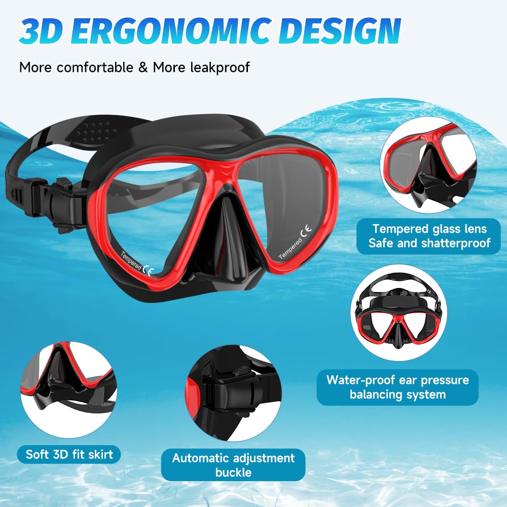 Findway adult snorkel set, snorkel set with diving mask and snorkel, anti-leak & anti-fog & anti-UV tempered glass diving mask for diving, snorkeling, and swimming, for women and men.