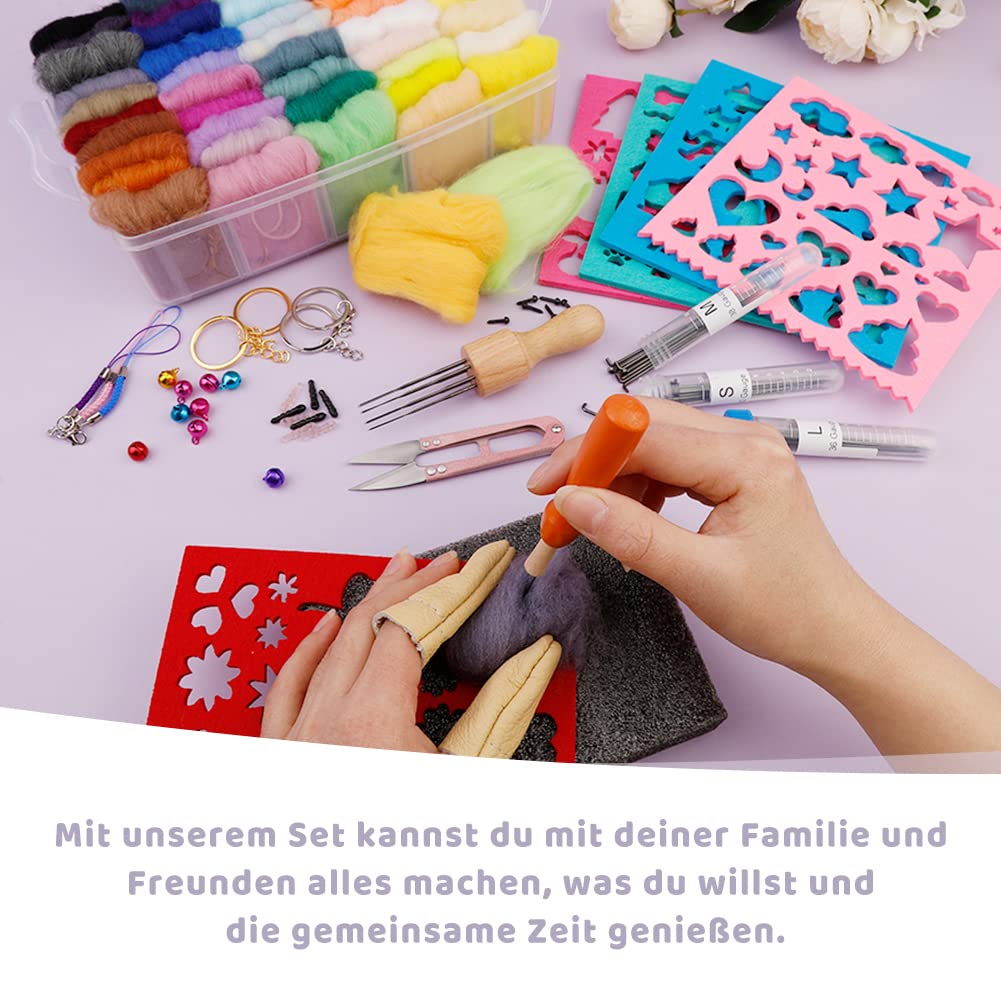 Ruasol needle felting kit, complete needle felting tool and accessories with 50 colors of wool, needle felting starter set with felt molds, high-density foam storage box for felting animal crafts.
