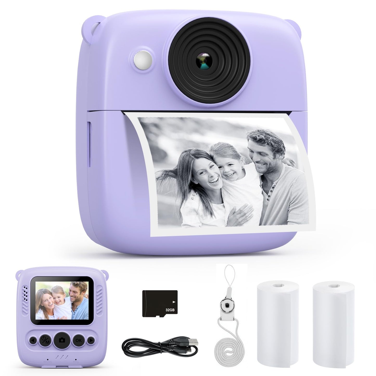 CalineGam Kids Camera Instant Camera, 48MP Instant Camera for Kids with 32GB Card & Printing Paper, 1080P Digital Camera for Kids, Gifts for Boys and Girls 3-12 Years (Purple)