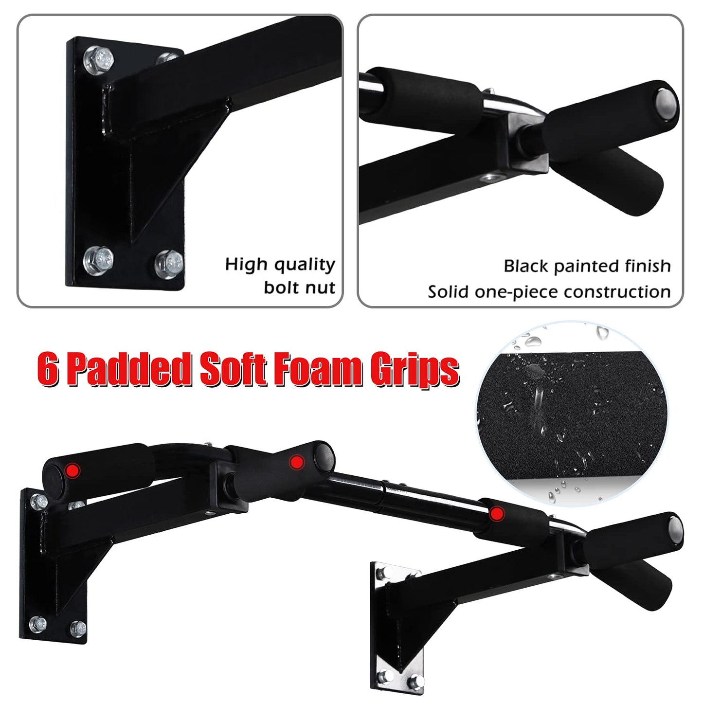 ISE Multifunction Fitness Pull-Up Bar for wall mounting, pull-up bar up to 200kg with non-slip grips, numerous pull-up exercises, wall bracket & 8 heavy-duty plugs for installation SY-165