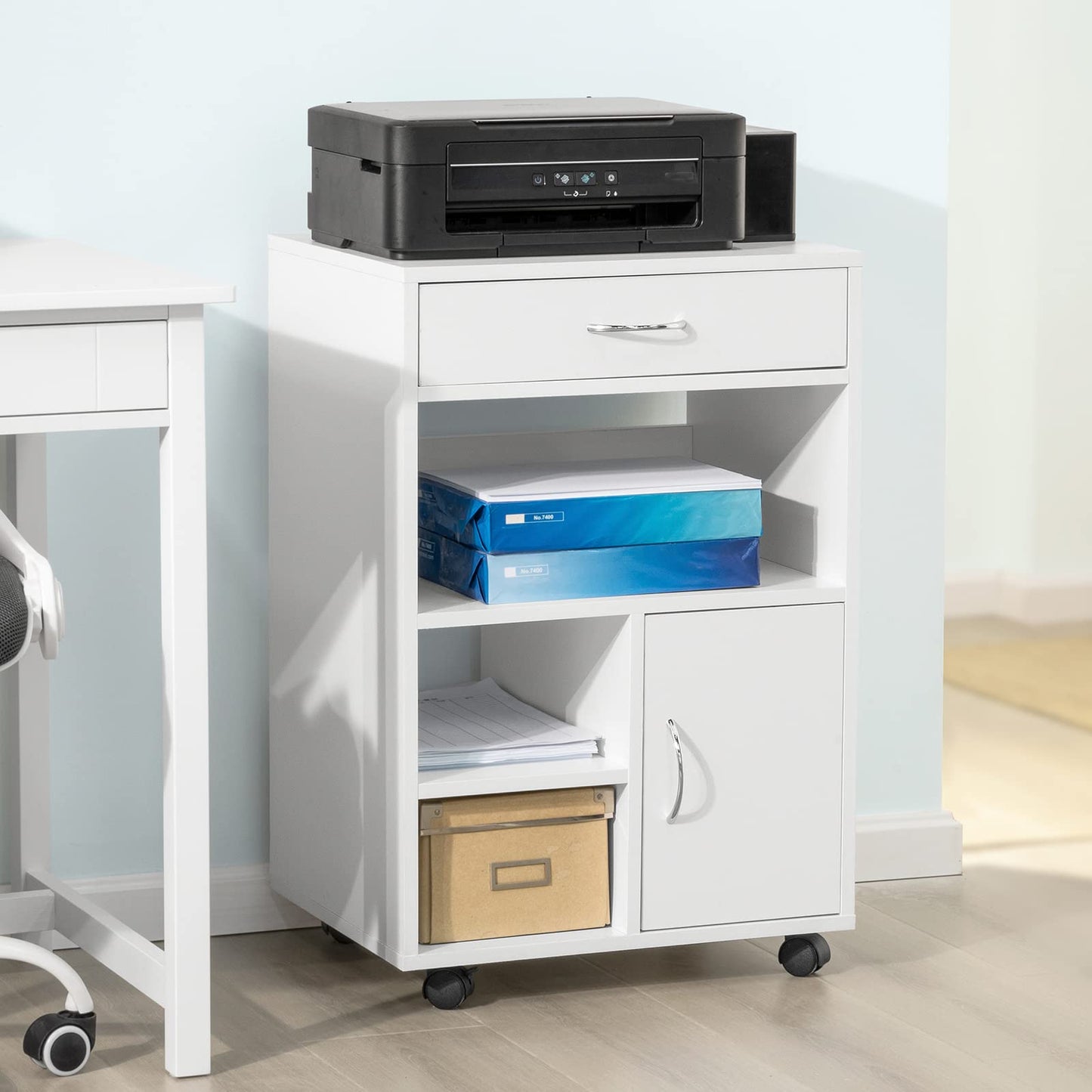 SoBuy printer cart with wheels Mobile printer stand desk cabinet with drawers rolling file cabinet White Side table with wheels for office living room and study 50x75x40cm FBT106-W
