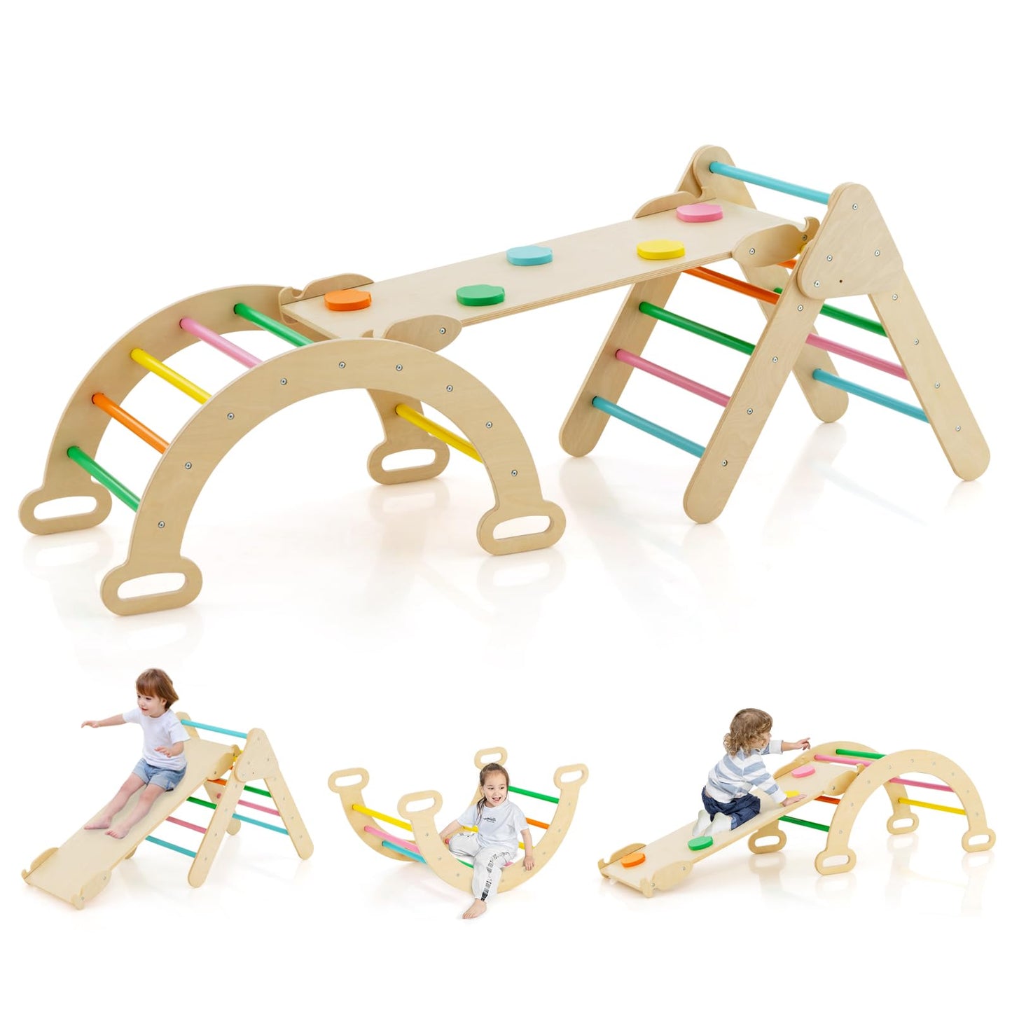 COSTWAY Climbing Triangle with Slide, Climbing Arch, including double-sided ramp, for climbing, sliding, and rocking, 4 in 1 indoor climbing frame for ages 1 and up (Multicolor)