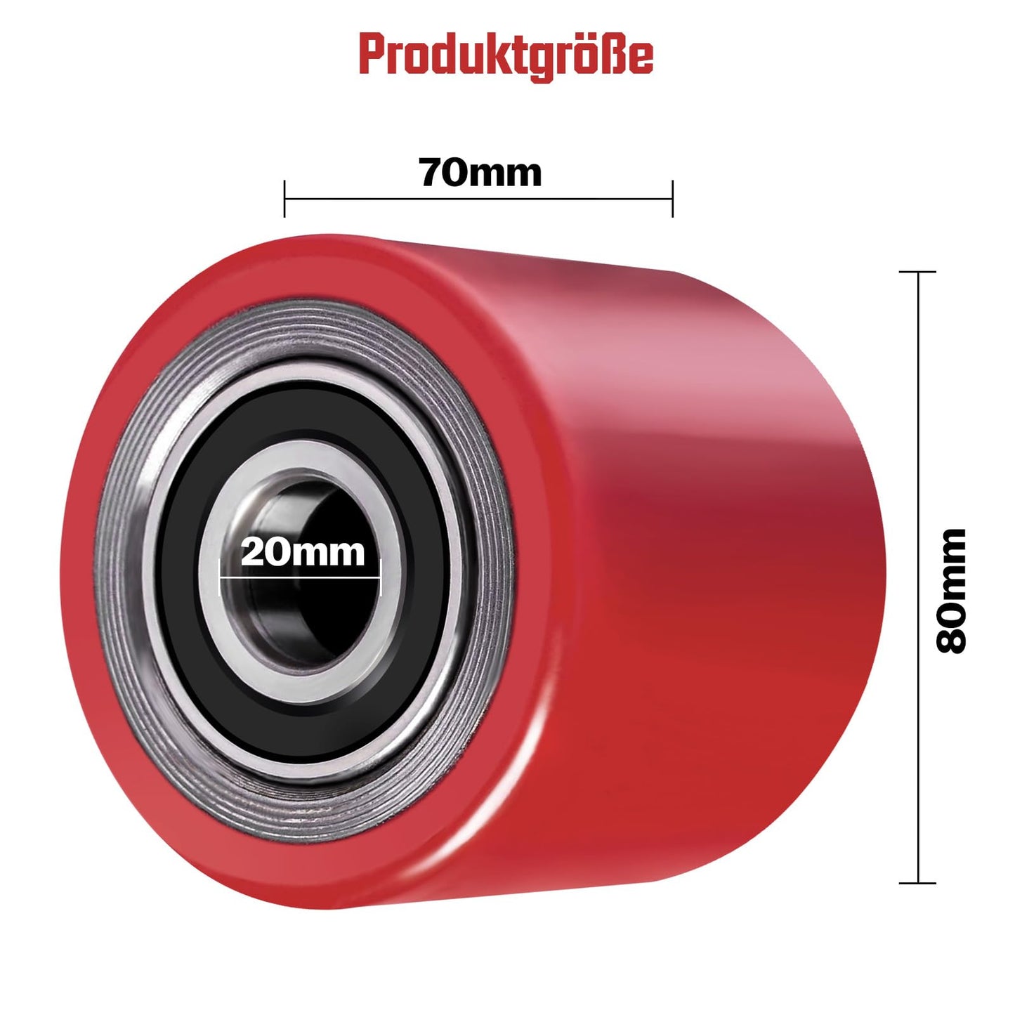 4 pieces of pallet truck wheels Polyurethane 80 x 70 mm, axle 20 mm incl. ball bearings. Wheels for pallet trucks replacement wheels, Max. load 600 KG.