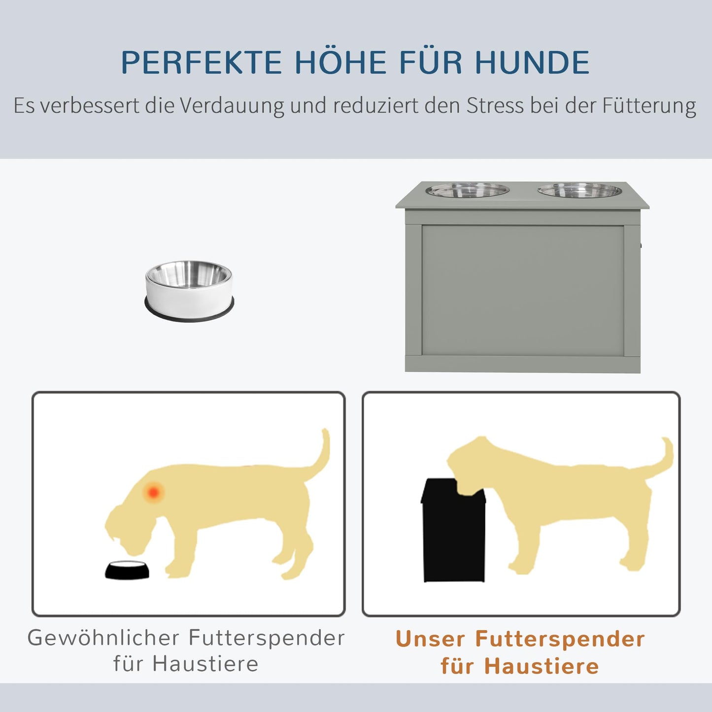 PawHut Raised Dog Bowl Feeder with Storage Compartment Water Bowl 2 x 2000ml Stainless Steel Bowls Dog Bowls Feeding Bowl Feeding Station for Dogs Cats Grey