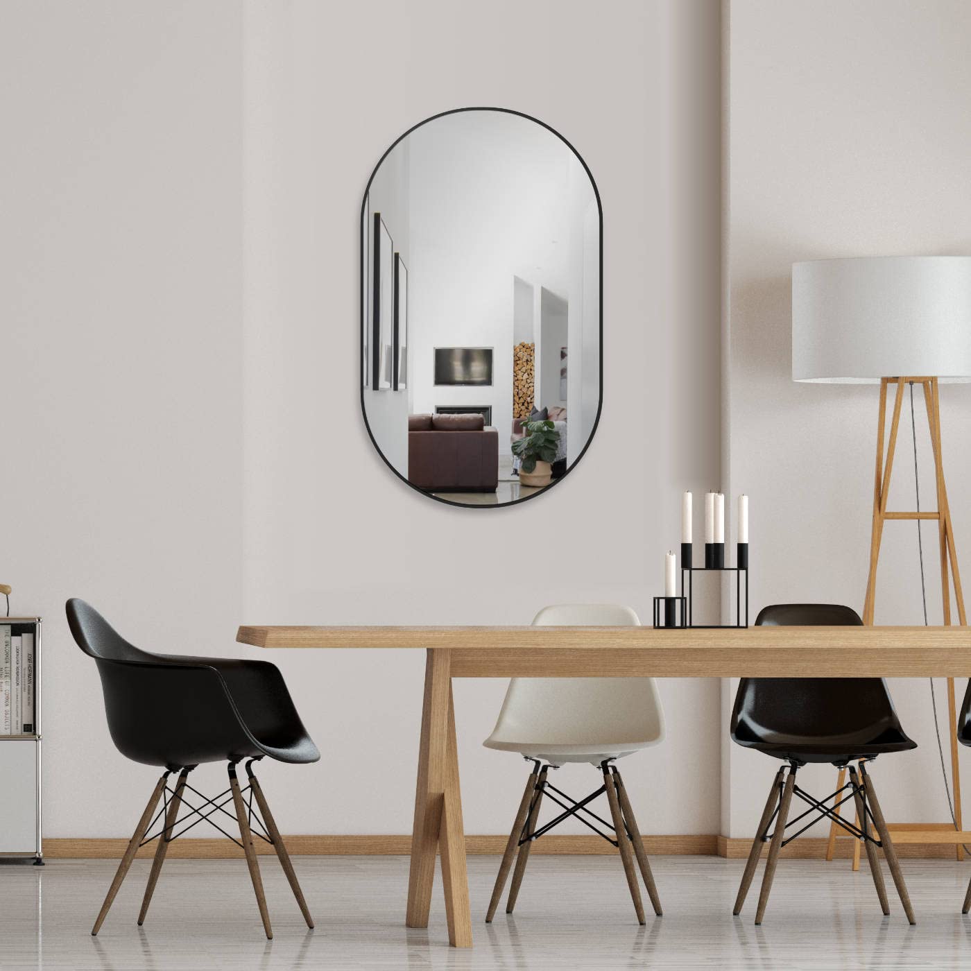 HOKO Design wall mirror oval 50 x 90 cm with metal frame matte black. Vertical and horizontal mounting possible. Oval mirror for bathroom, hallway, and bedroom. Mirror for living room, dining room.