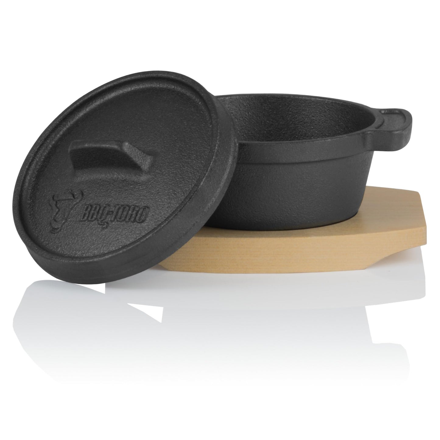 BBQ-Toro Mini Dutch Oven (4 pieces) | Ø 11 cm | Cast Iron Serving Pot with wooden base | pre-seasoned | Small cooking pot dutch oven
