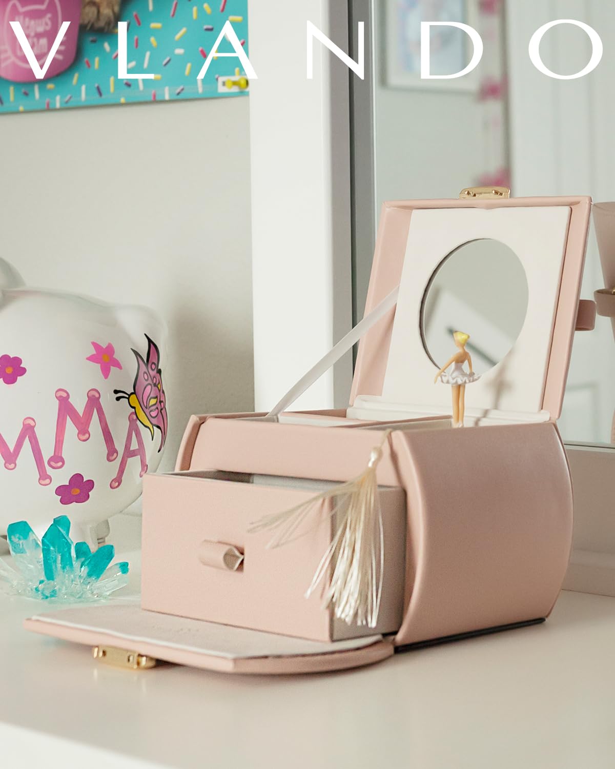Vlando Ballerina Music Jewelry Box, Lockable Jewelry Case for Girls PU Leather with Drawers, Children's Jewelry Box, Jewelry Box with Canon Melody, Girls Gifts 6 7 8 Years