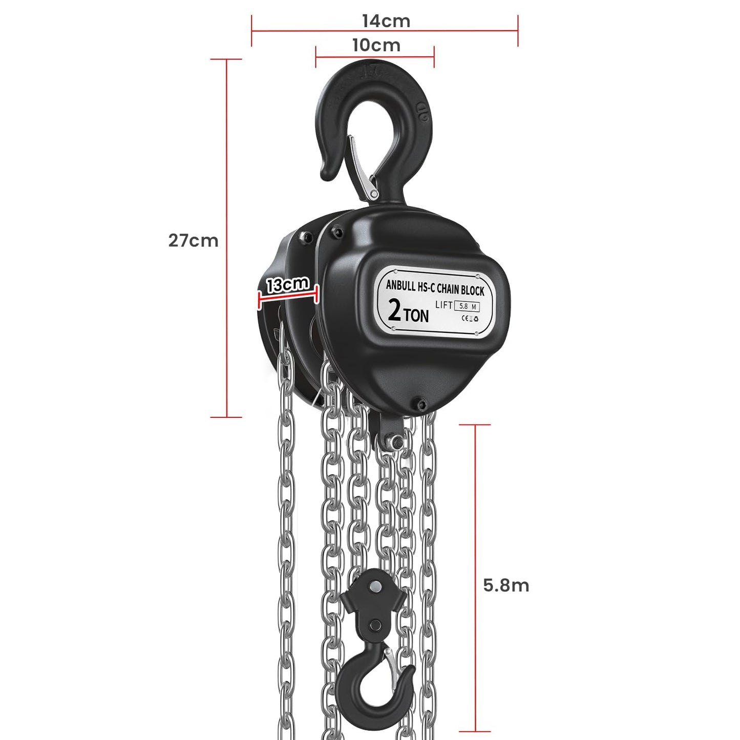 Anbull Chain Hoist, 2000kg load capacity, 5.8m lifting height, fully galvanized chain, no oil stains and rust-proof, product weight 17.5kg.