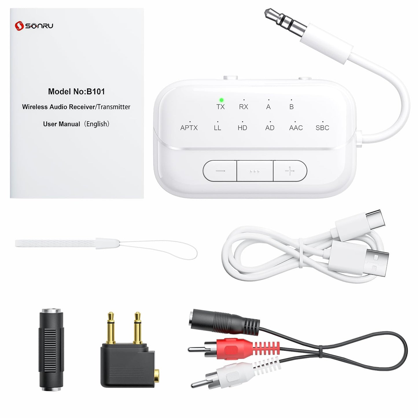 SONRU Bluetooth Transmitter 5.3 Airfly Adapter for airplane gadgets, 2 in 1 Bluetooth transmitter receiver Aux 3.5 audio adapter for 2 headphones/TV/speakers/home stereo/car radio.