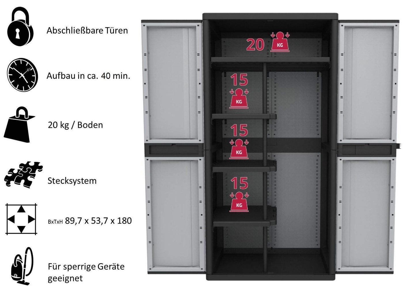 Kreher XXL plastic utility cabinet with a solid bottom, narrow shelves, and open compartment for bulky items. Features lockable doors. Dimensions WxDxH in cm: 89.7 x 53.7 x 180 cm.