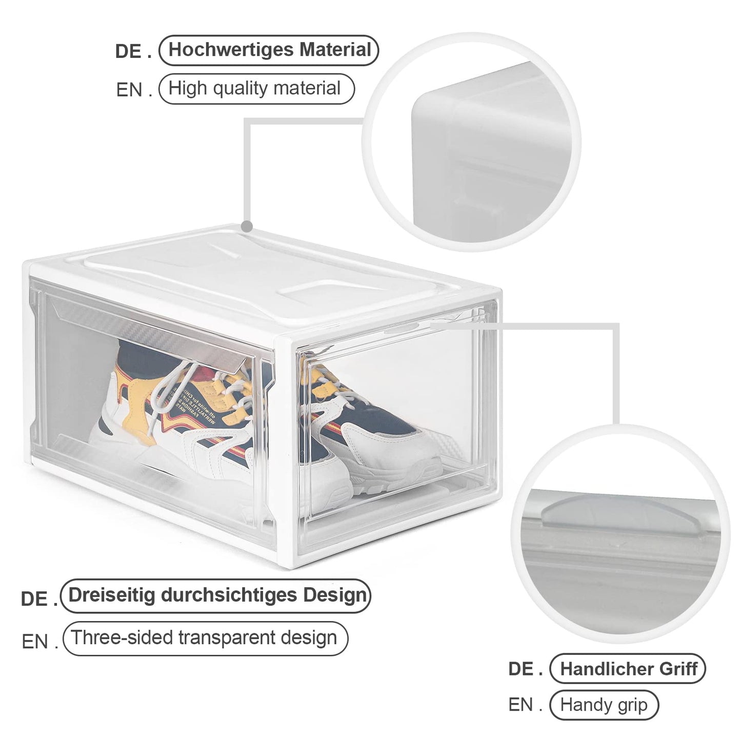 Yorbay Shoe Box, set of 3, stackable shoe organizer, plastic box with transparent door, reusable shoe storage, 37x26x20 cm, for shoes up to size 48, White