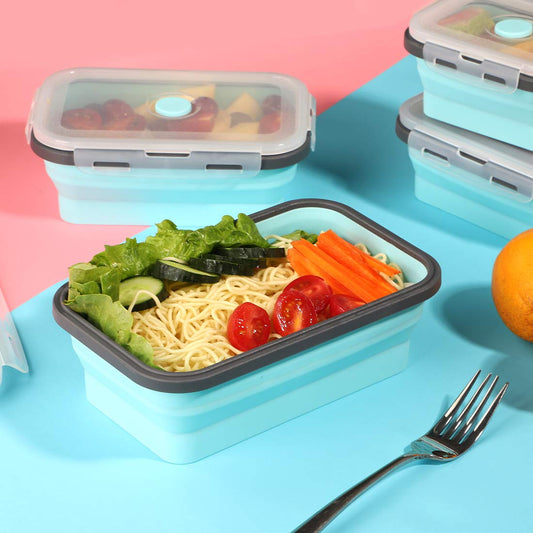 Collapsible silicone storage container with lid, portable bento box for space-saving, microwave-safe, set of 4, blue and grey.