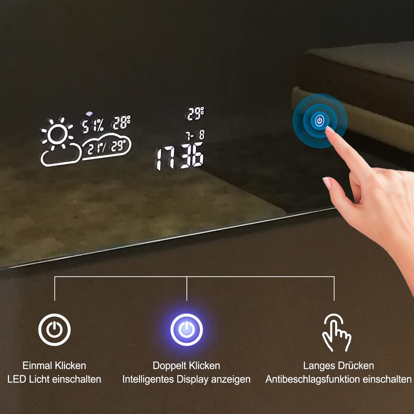 Goodbye cold LED bathroom mirror anti-fog 80x60 cm, bathroom mirror wall mirror light mirror with touch switch, WiFi weather station & date, smart mirror, horizontal