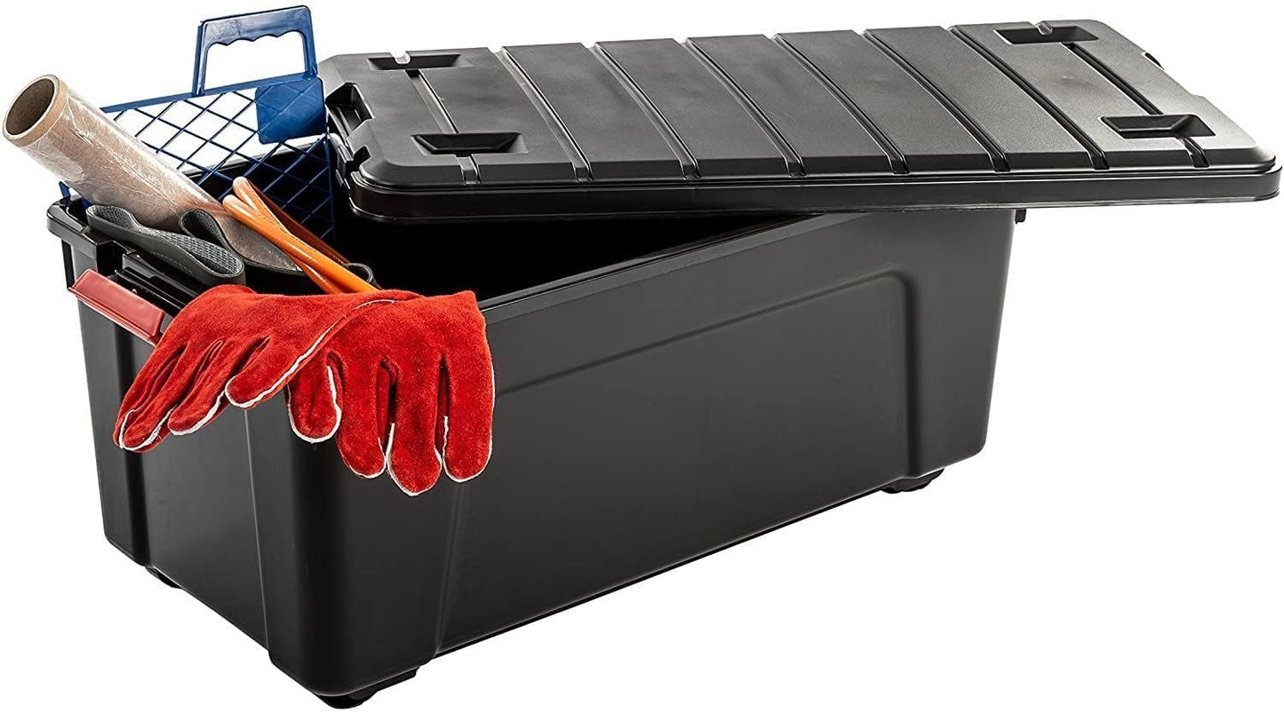 Iris Ohyama, Large Plastic Storage Box, 75L Garage Storage Box, Set of 3, SIA-75, Black, Stackable, Snap Locks - W78 x D39.5 x H35 cm
