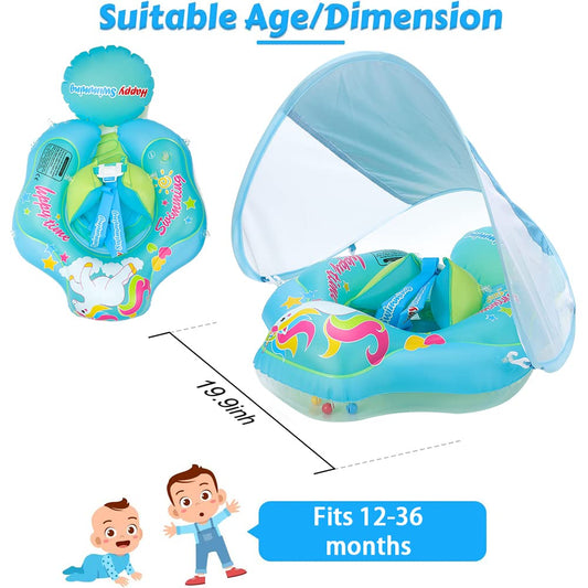 Baby swim ring with removable sun canopy, adjustable shoulder straps for sun protection. Inflatable swim ring for babies, swim trainer float for ages 3-36 months.