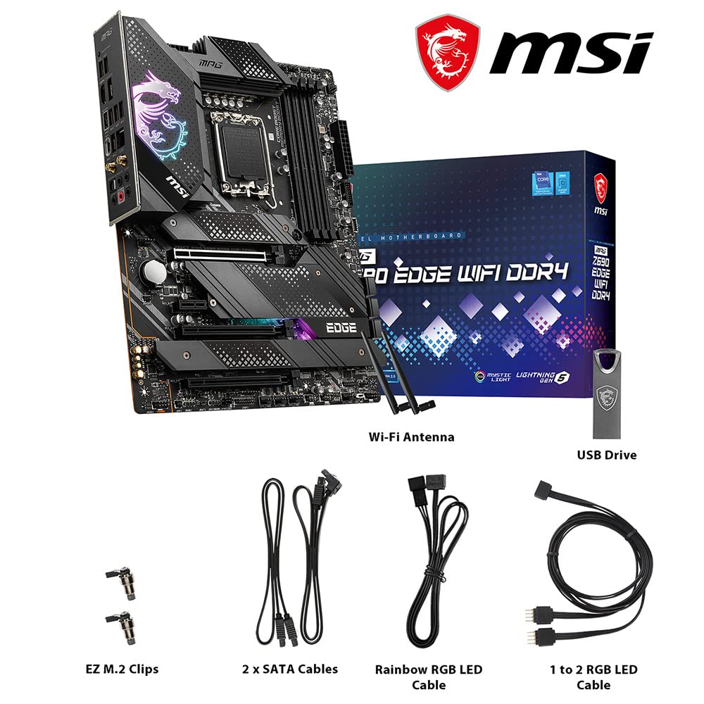 MSI MPG Z690 EDGE WIFI DDR4 Gaming motherboard ATX, supports Intel Core 12th Gen processors, LGA 170, Direct 16 Phase VRM 75A, Memory Boost 5200MHz/OC, 1 x PCIe 5.0 x16, 4 x M.2 Gen4, Wi-Fi 6.