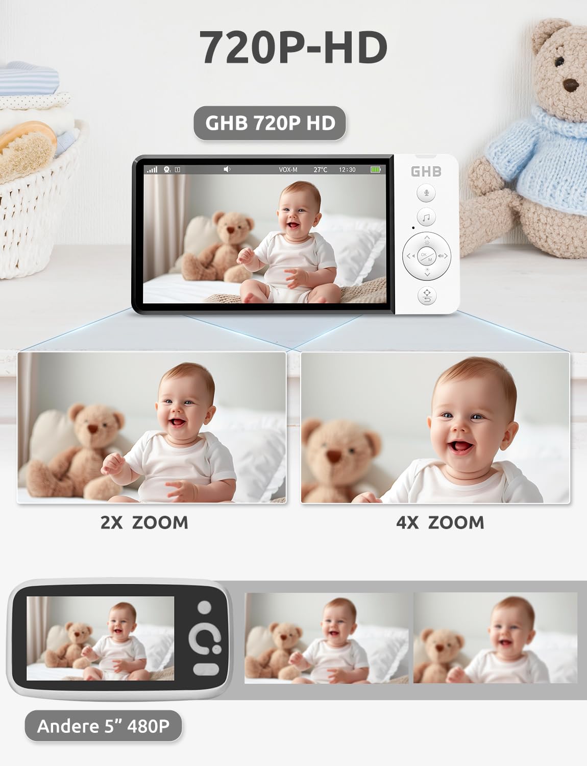 GHB baby monitor with camera 5 inch 350° rotation 5000mAh night vision VOX mode digital zoom two-way talk temperature display 720p ABM720