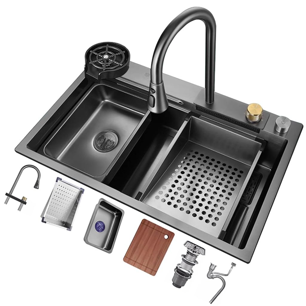 Black Nano Kitchen Sink Stainless Steel Waterfall Sink Set Nano-coated Worktop Sink with Pull-out Faucet and Cup Washer Pressure Glass Washer (Color: A, Size: 75 x 45 x 22 cm)