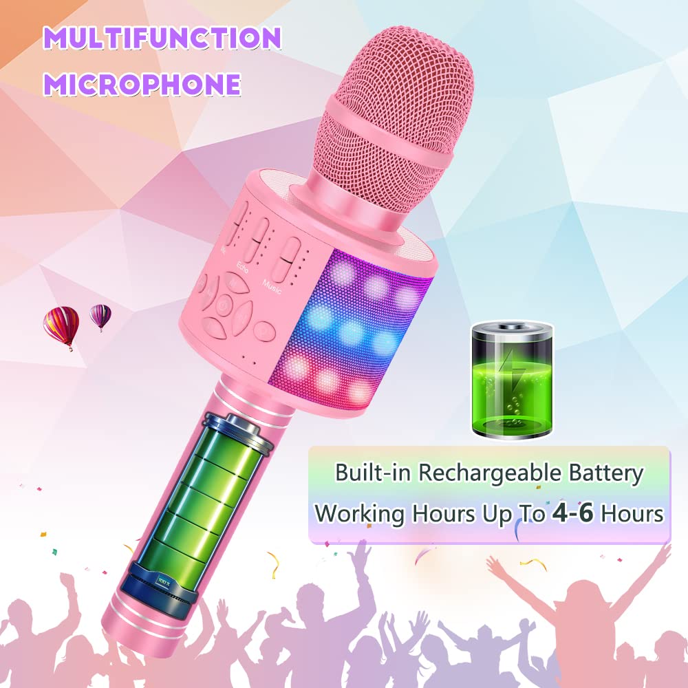 Magic Sing LED Karaoke Microphone for Kids, Wireless Bluetooth Toy for 3-12 Year Old Girls, KTV Speaker with Voice Changer, Home KTV Karaoke Machine for Android, iOS, PC (KP06-Pink)