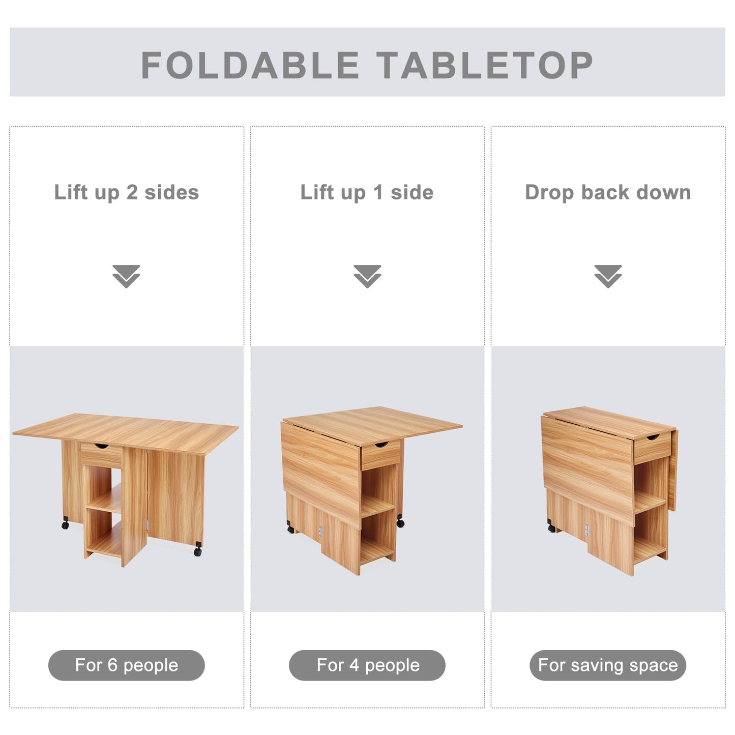 Mondeer Mobile Folding Table, Foldable Dining Table Suitable for Small Spaces with 1 drawer and 2 shelves for dining room and kitchen, 72 x 120 x 75 cm, Red Oak