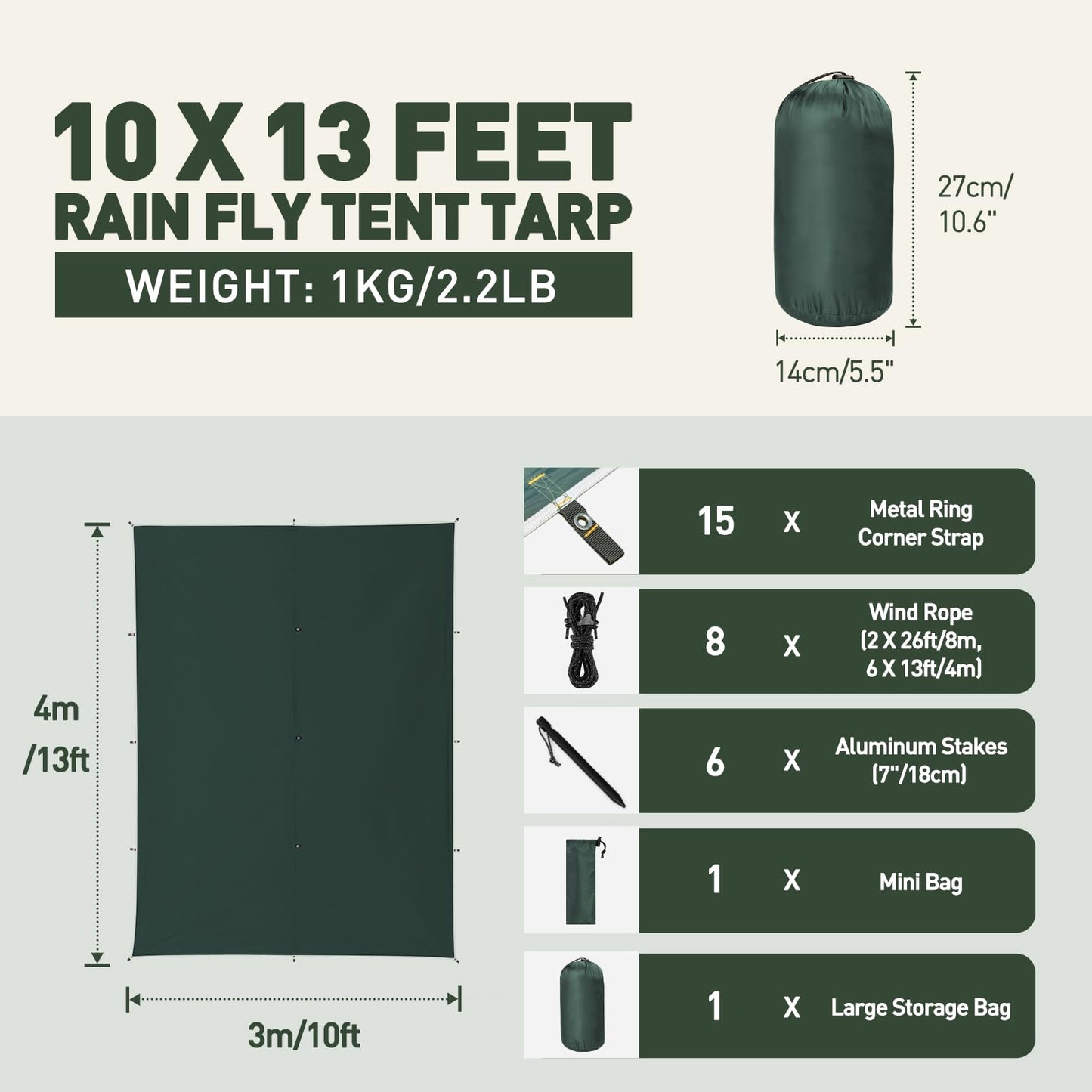 VOSOIR Tarp 3x4M Waterproof, Ultralight Camping Tent Tarp, with 15 Eyelets+6 Aluminum Pegs+8 Nylon Ropes, Anti-UV Snow Rain Protection, Lightweight Compact for Hammock Camping Picnic Hiking (Dark Green)