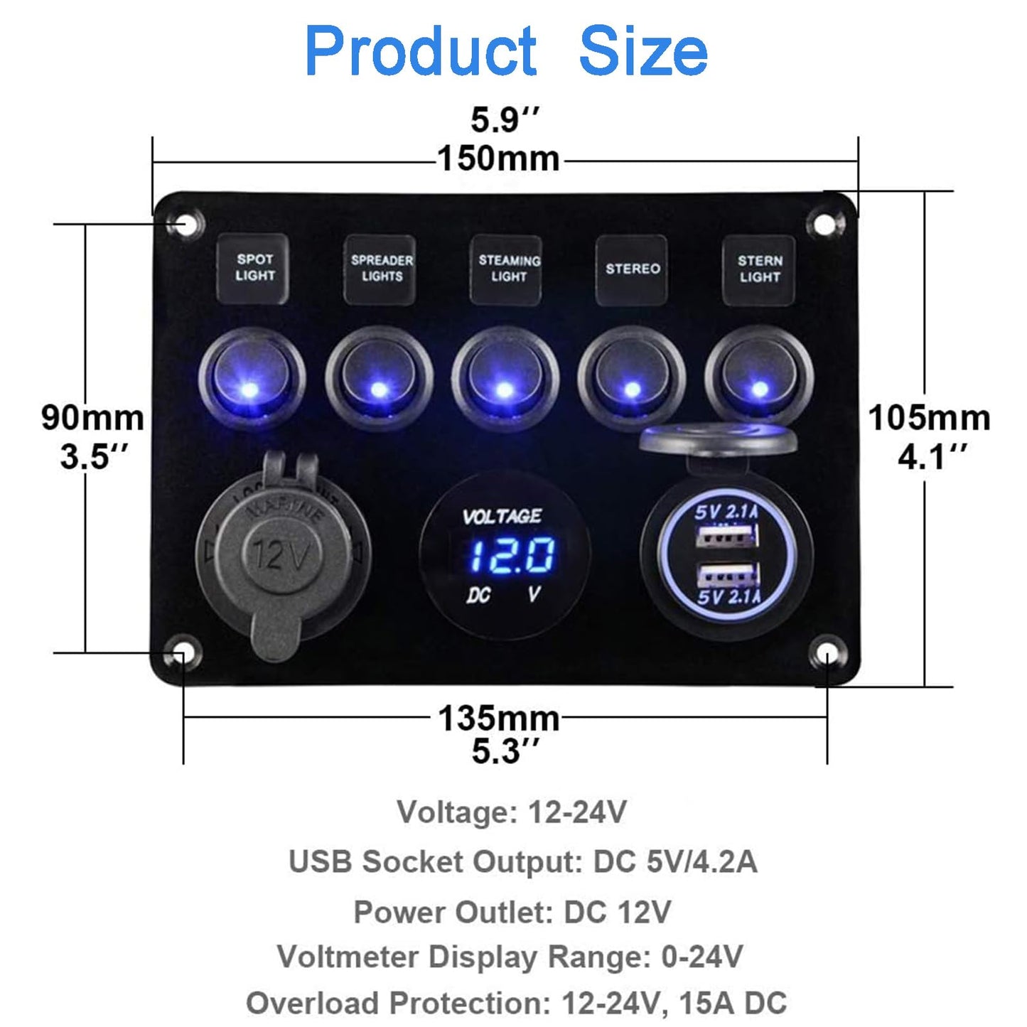 5-speed switch panel, 12V/24V toggle switch panel IP65 waterproof LED voltmeter dual USB socket charger for car boat marine RV truck camper vehicles (blue)