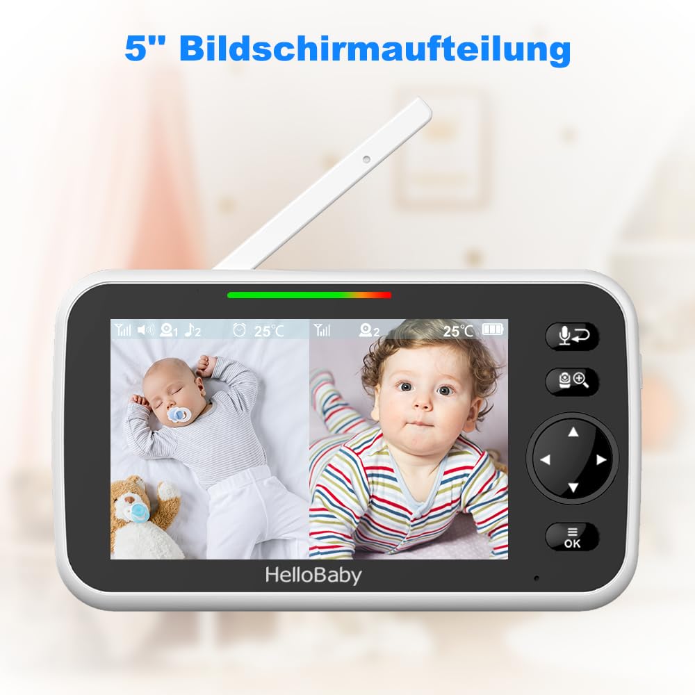 HelloBaby baby monitor with 2 cameras, 3500 mAh battery, 5" split screen, 355°/120° pan-tilt baby monitor, no WiFi, ECO mode, 2-way audio, night vision, 8 lullabies.