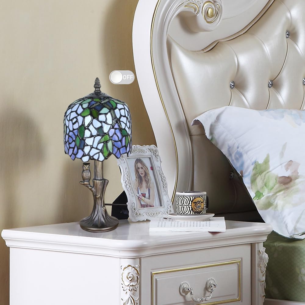 Kinbolas Tiffany Style Small Table Lamp, Vintage Lamp with Stained Glass Lampshades Wisteria and Owl Base, Art Nouveau Art Deco Nightstand Lamp for Bedroom, Country House 20cm / 8 inch with E14 LED Bulb (I-2)