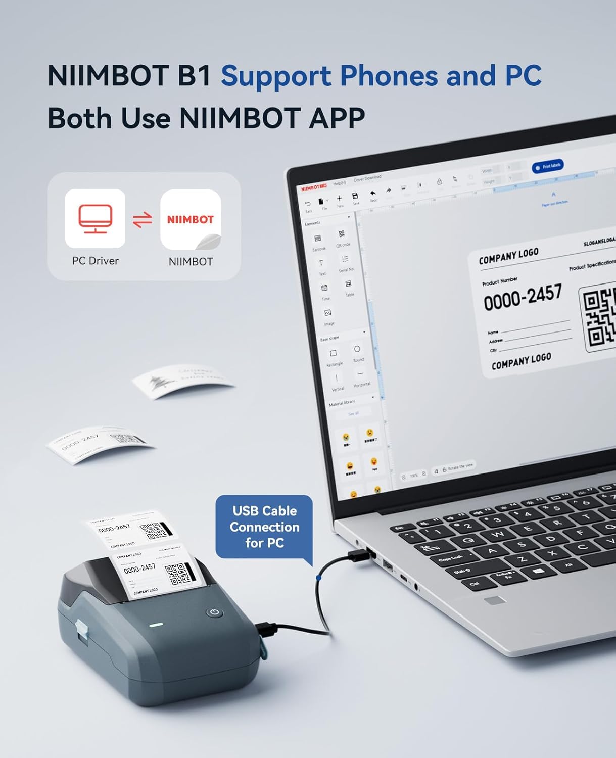 NIIMBOT B1 Bluetooth Label Printer with 3 labels, wide water-resistant labels, versatile app with 30 fonts and over 1500 icons, labeling device for retail, office, organization.