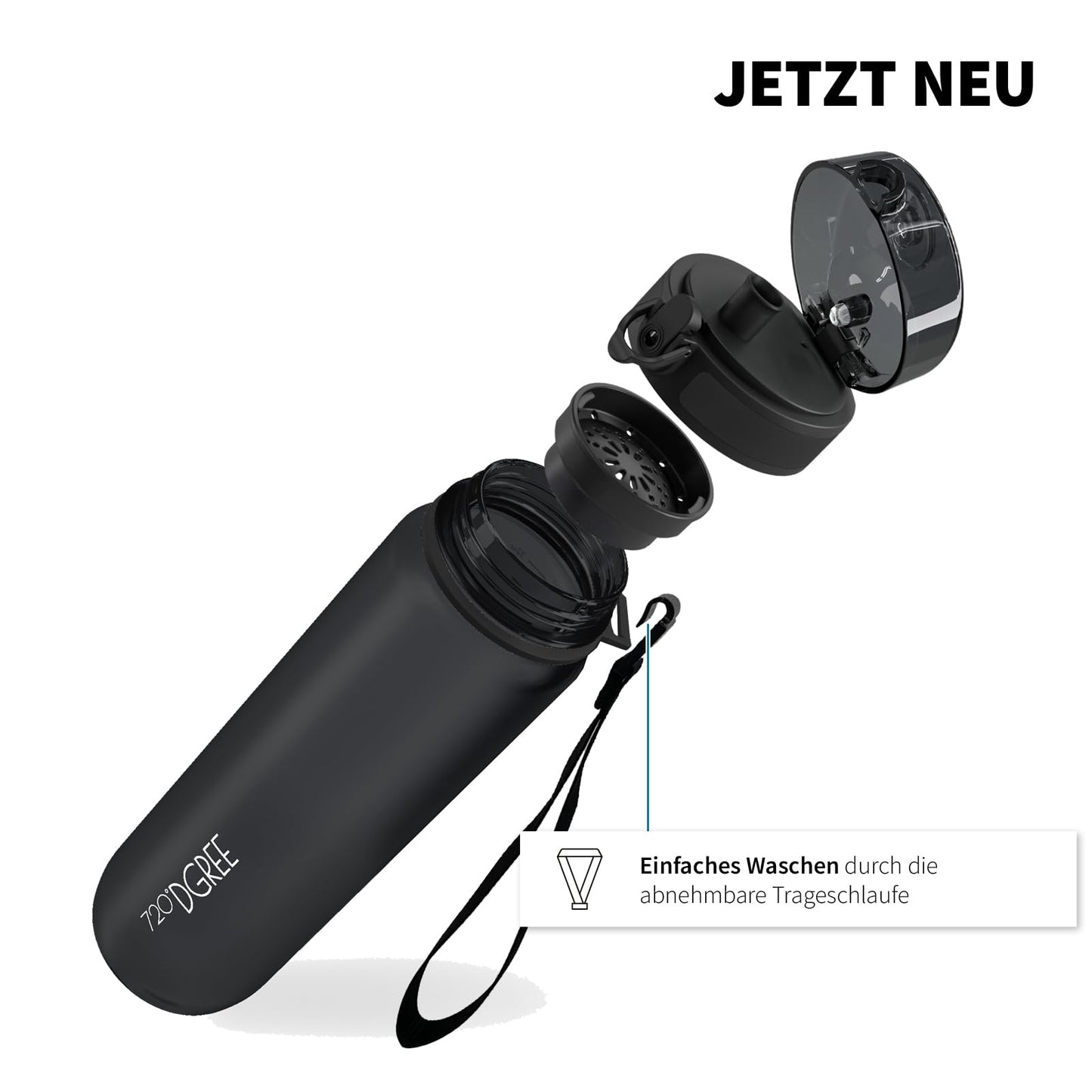 720°DGREE water bottle 2l "uberBottle" with detachable loop + motivation scale, sieve - leak-proof, lightweight, BPA-free - Tritan sports bottle - water bottle for university, job, sports, fitness studio, gym.
