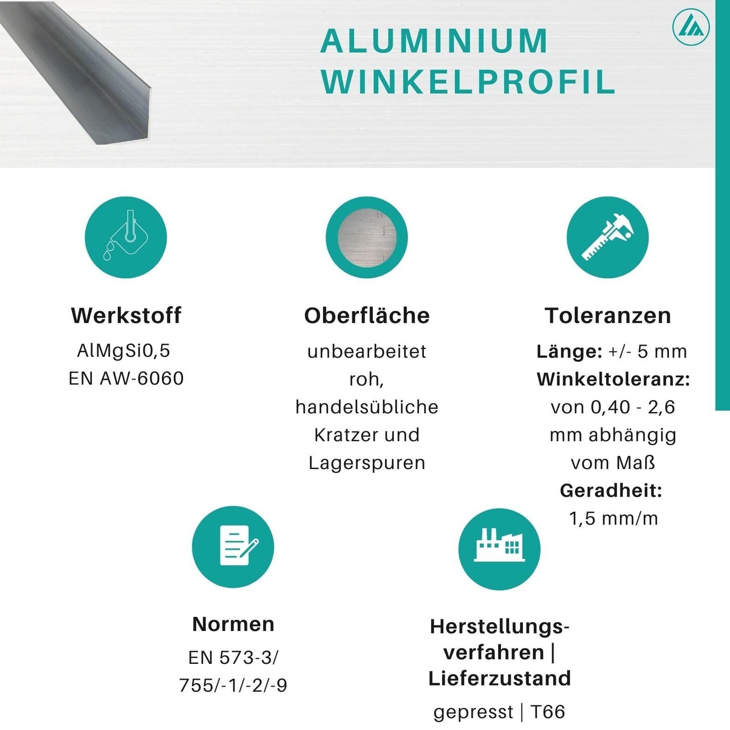 Aluminum angle profile | AlMgSi0.5 | EN AW-6060 | untreated | 70 x 20 x 2 mm | Length: 6,000 ± 100 mm