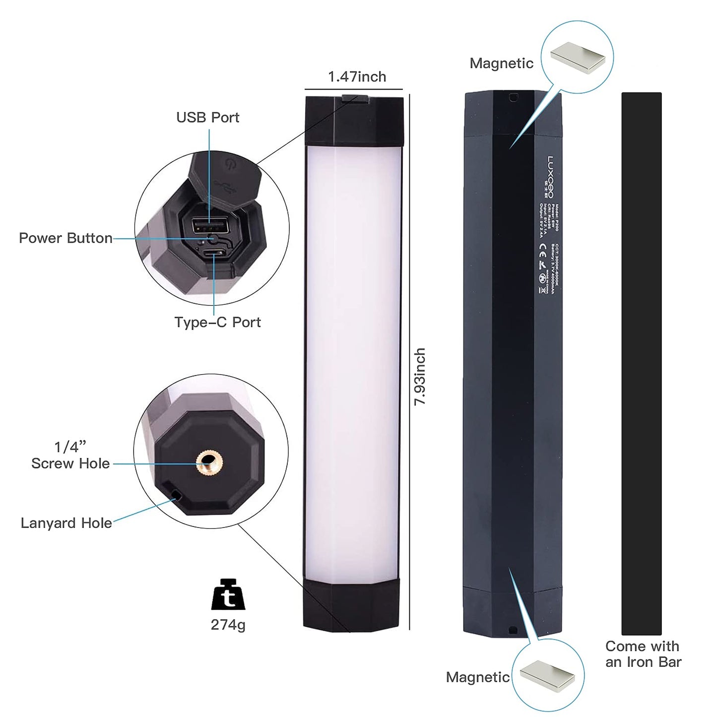 LUXCEO P200 LED video light stick, handheld photography light waterproof, 4000mAh built-in battery, magnet with APP remote control 3000K-6000K, short portable mini LED lamp