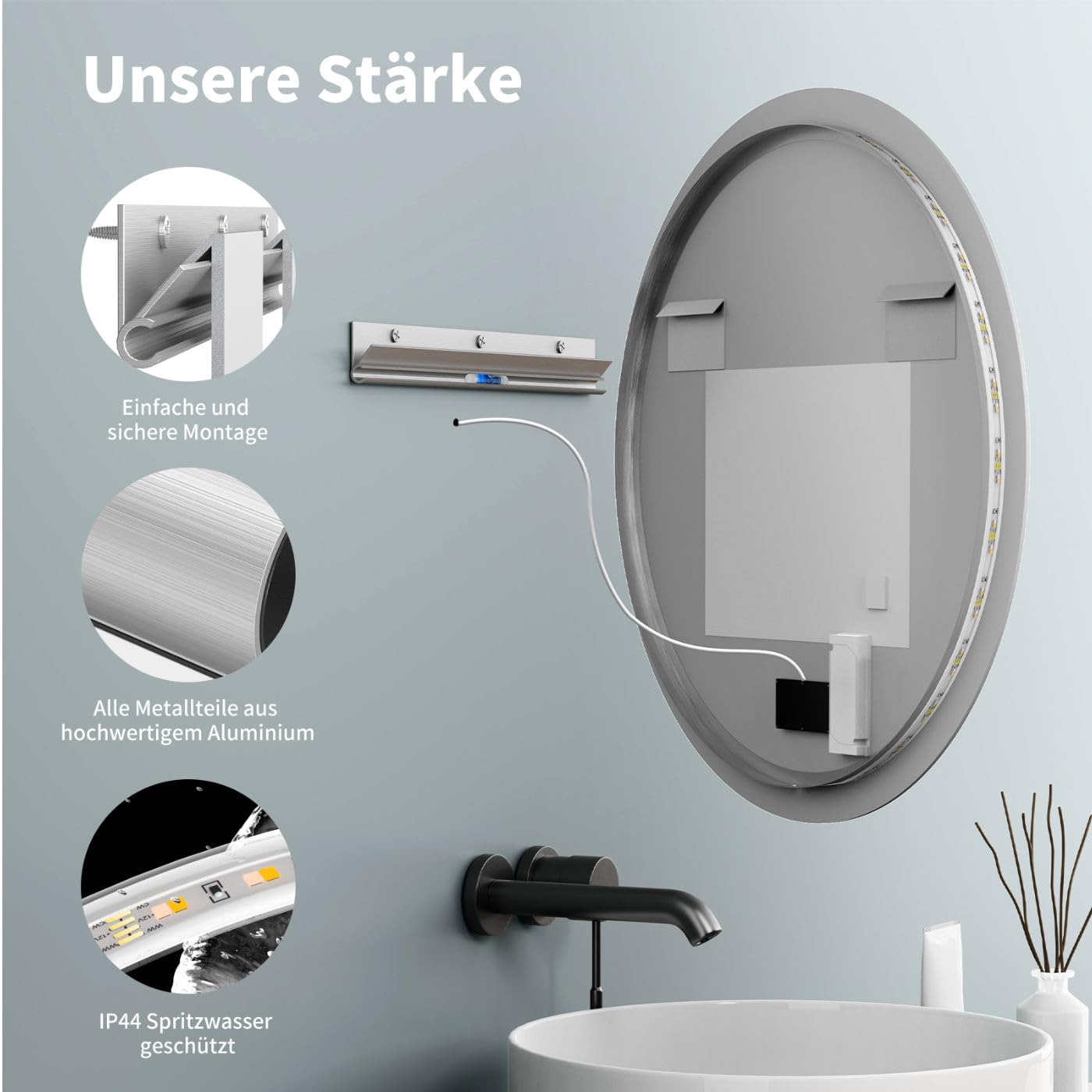 HOKO bathroom mirror 60cm ULM, with ANTI-FOG MIRROR HEATING, round bathroom mirror with LED lighting and with touch switch + LED change - Warm White - Cool White - Neutral.