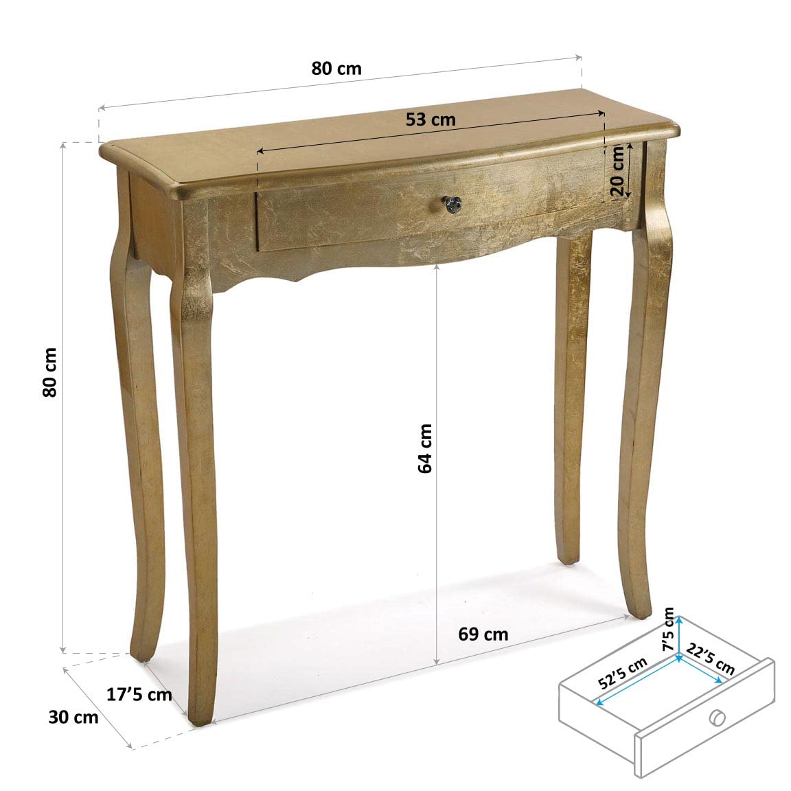 Versa Cagliari Narrow furniture piece for entryway or hallway, modern console table with 1 drawer, measures 80 x 30 x 80 cm (H x L x W), made of wood, color: Golden