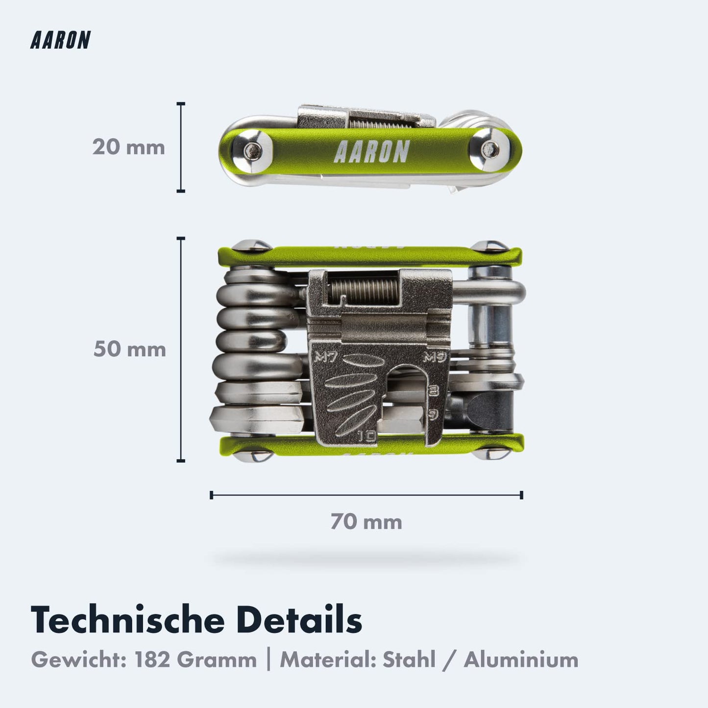 AARON Tool 20 in 1 Multitool - Bike multi-tool made of stainless steel/aluminum - foldable mini bike tool with many functions - practical green bike tool.