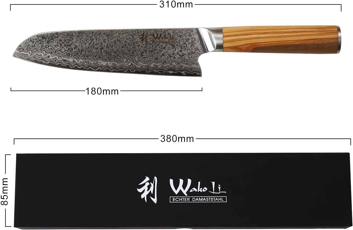 Wakoli Oribu kitchen knife with sharp 17.5 cm Damascus blade made of 67 layers of Damascus steel - Santoku knife with olive wood handle - vegetable knife - sharp knife in gift box - utility knife