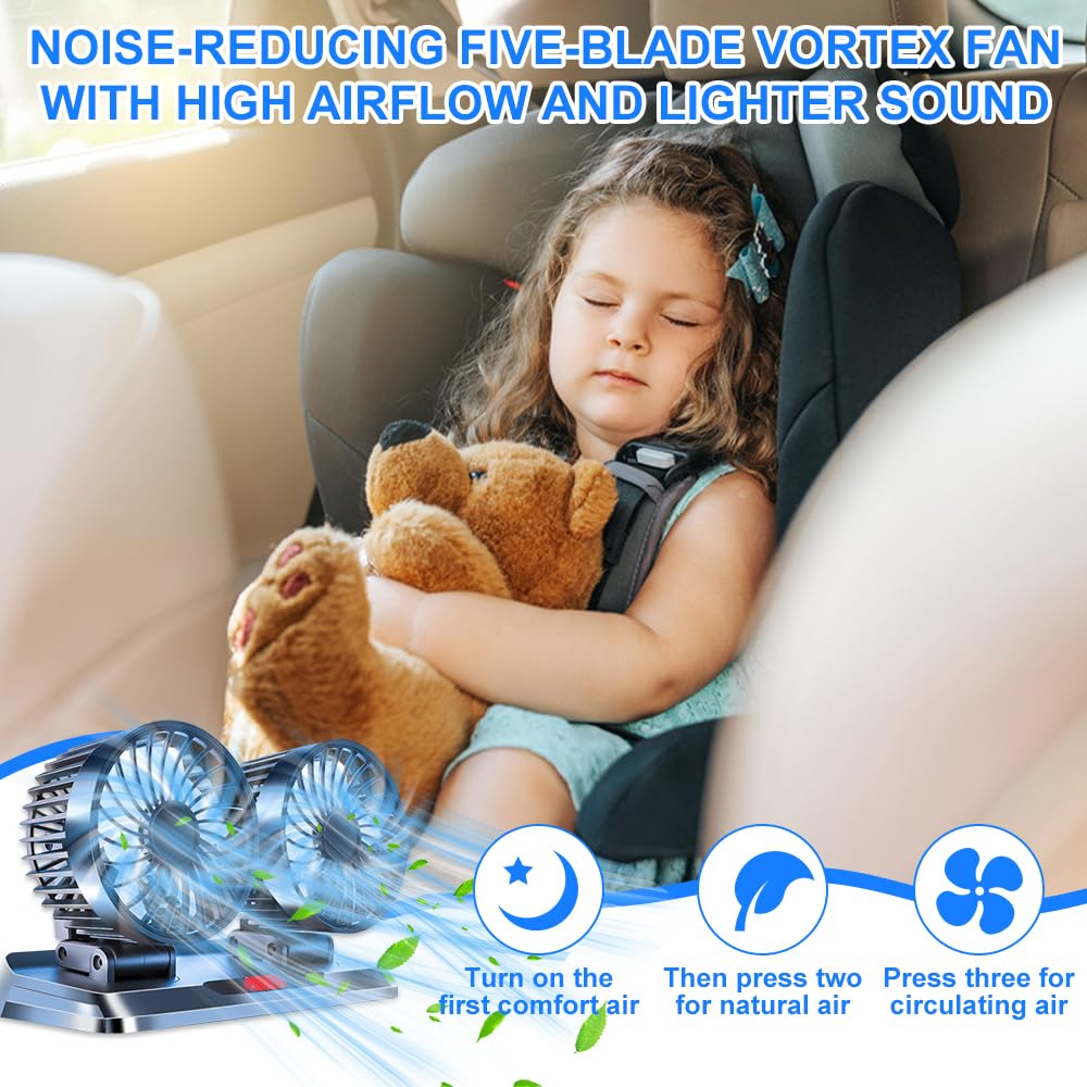 KUWUNG USB Car Fan, Dual Head 360° Rotatable USB Car Fan with 3 Speeds, Dual Fan Suitable with USB Interface for Car, RV, Home, Office, Camping
