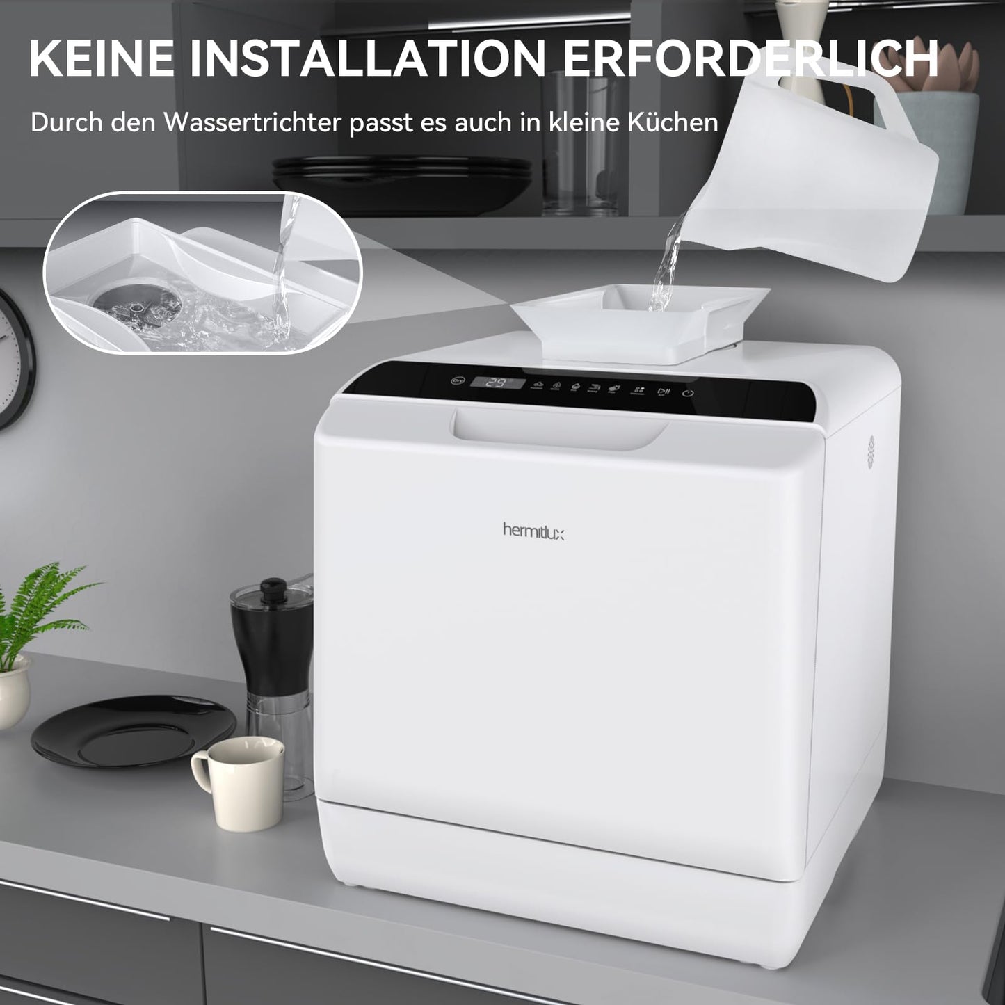 Hermitlux table dishwasher, mini dishwasher can be used with or without water connection, 43 cm wide, space for 4 place settings, suitable for camping, 175 kWh/year, white