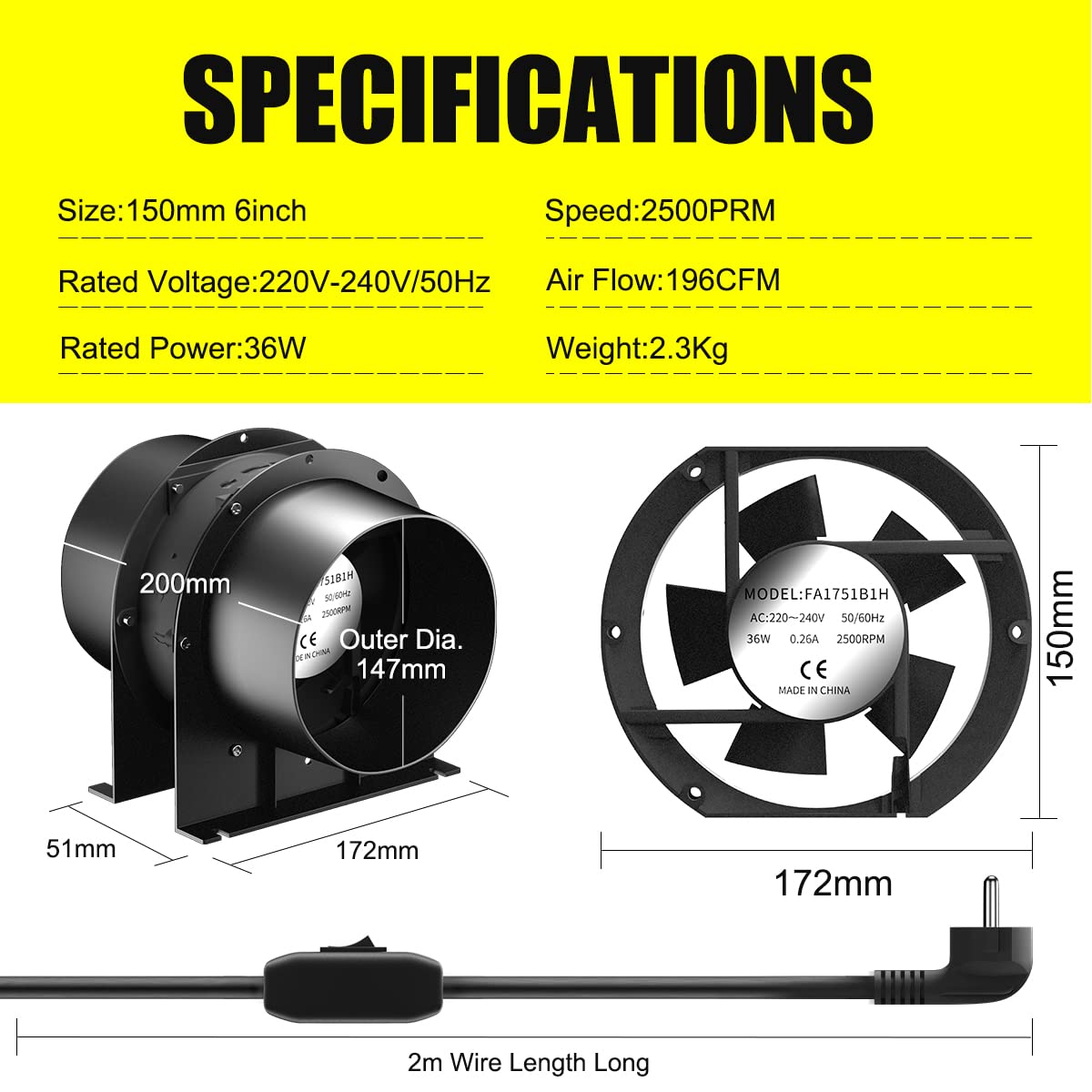 FanGoFast 150mm axial tube fan kit, 334m³/h axial exhaust fan duct fan with ON/OFF switch and 3m hose for grow tent, garage, tool room, office.