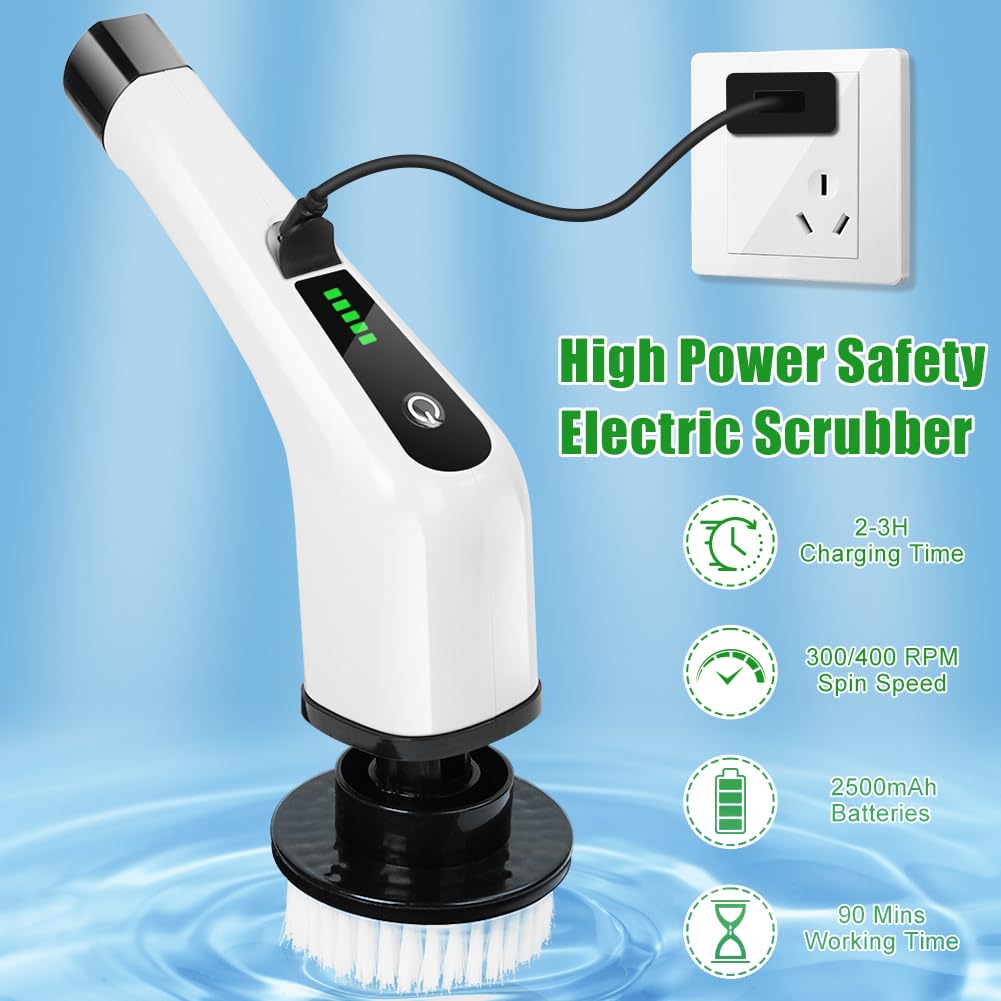 OSDUE Electric Cleaning Brush, 2024 New Electric Spin Scrubber Power Scrubber, Bathroom Cleaning Brush with 7 Replaceable Drill Brush Heads, with 137cm Adjustable Handle, for Tub, Floor.