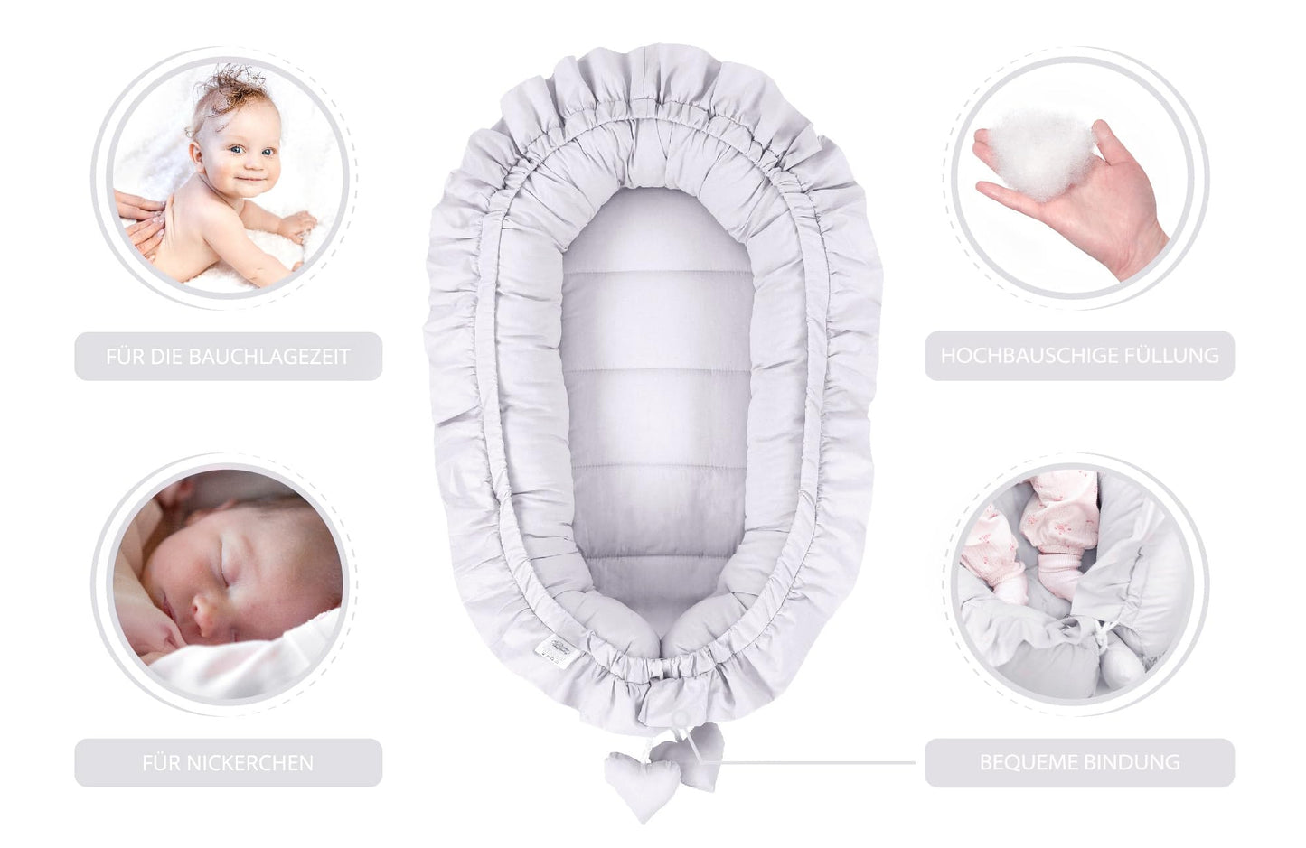 Baby nest for newborns with carrying handle, 90 x 50 cm. Portable cocoon nest for bed, cuddle nest for boys and girls. Grey.