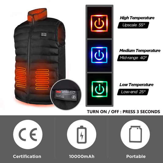 Warm Storm USB Heated Vest with 3 heating levels. Machine washable, suitable for both men and women. Perfect for outdoor work, camping. Includes 10000mAh battery. (XL, Black)