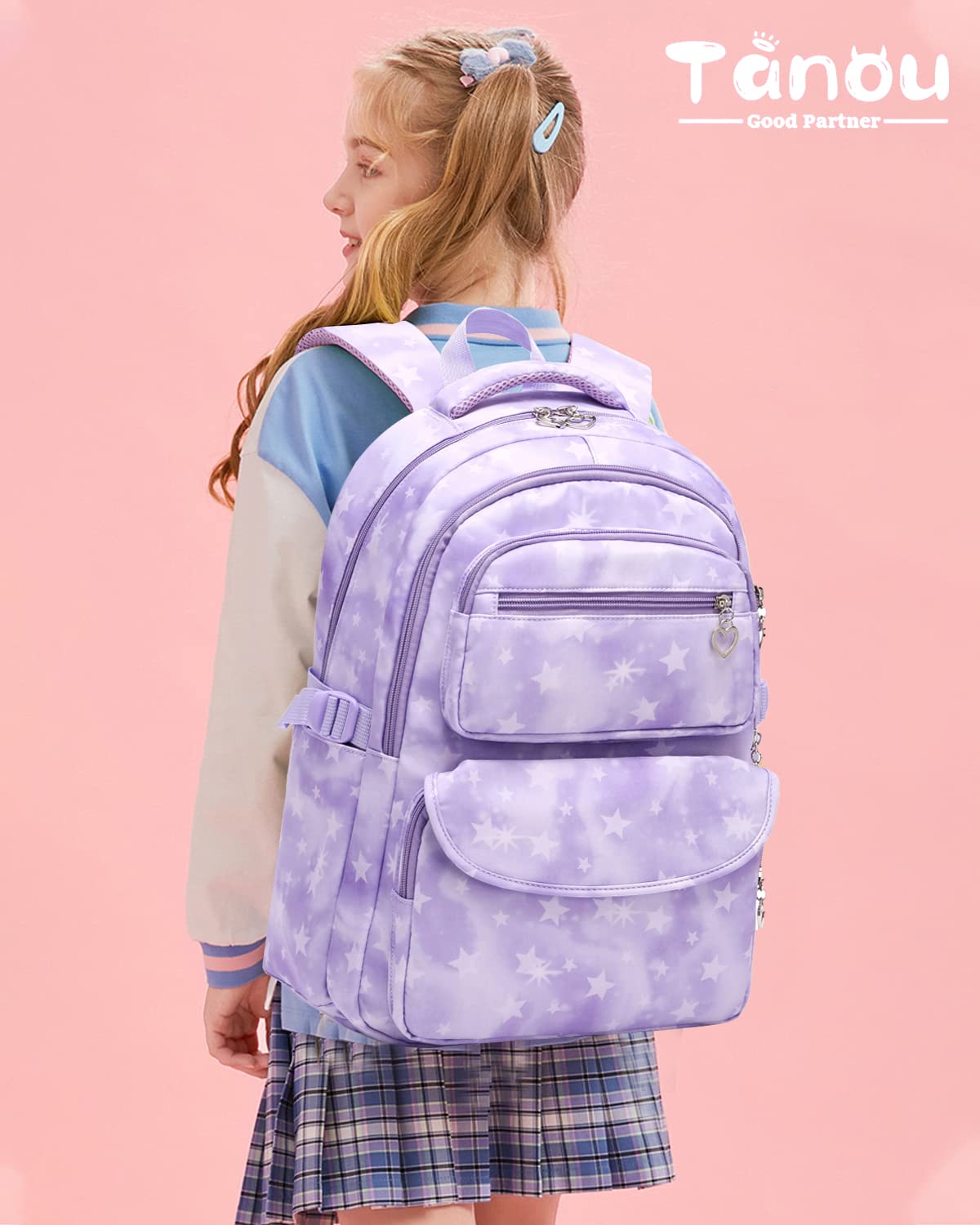 Tanou school backpack for girls 3 pcs with lunch bag pencil case, breathable lightweight school bag for teenage girls 3-9 grade, 22 liters backpack for travel, purple