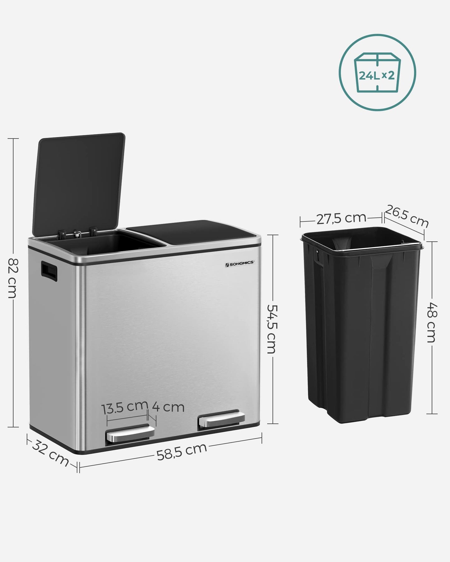 SONGMICS Trash Can, Waste Bin, Recycling System with 2 Compartments, Step Trash Can for Kitchen, 2 x 24L, Softclose, Plastic Inner Buckets, with Foot Pedals and Handles, Silver LTB48NL