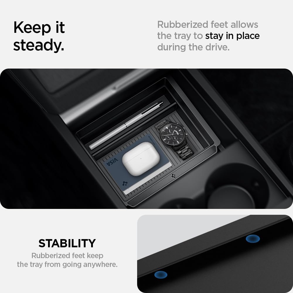 Spigen Tesla Model Y 2025 Juniper Model 3 Highland 2024 2025 Center Console Organizer with Smooth Slide Technology. Storage box armrest tray accessory for Model Y Juniper and 3 Highland - Carbon.