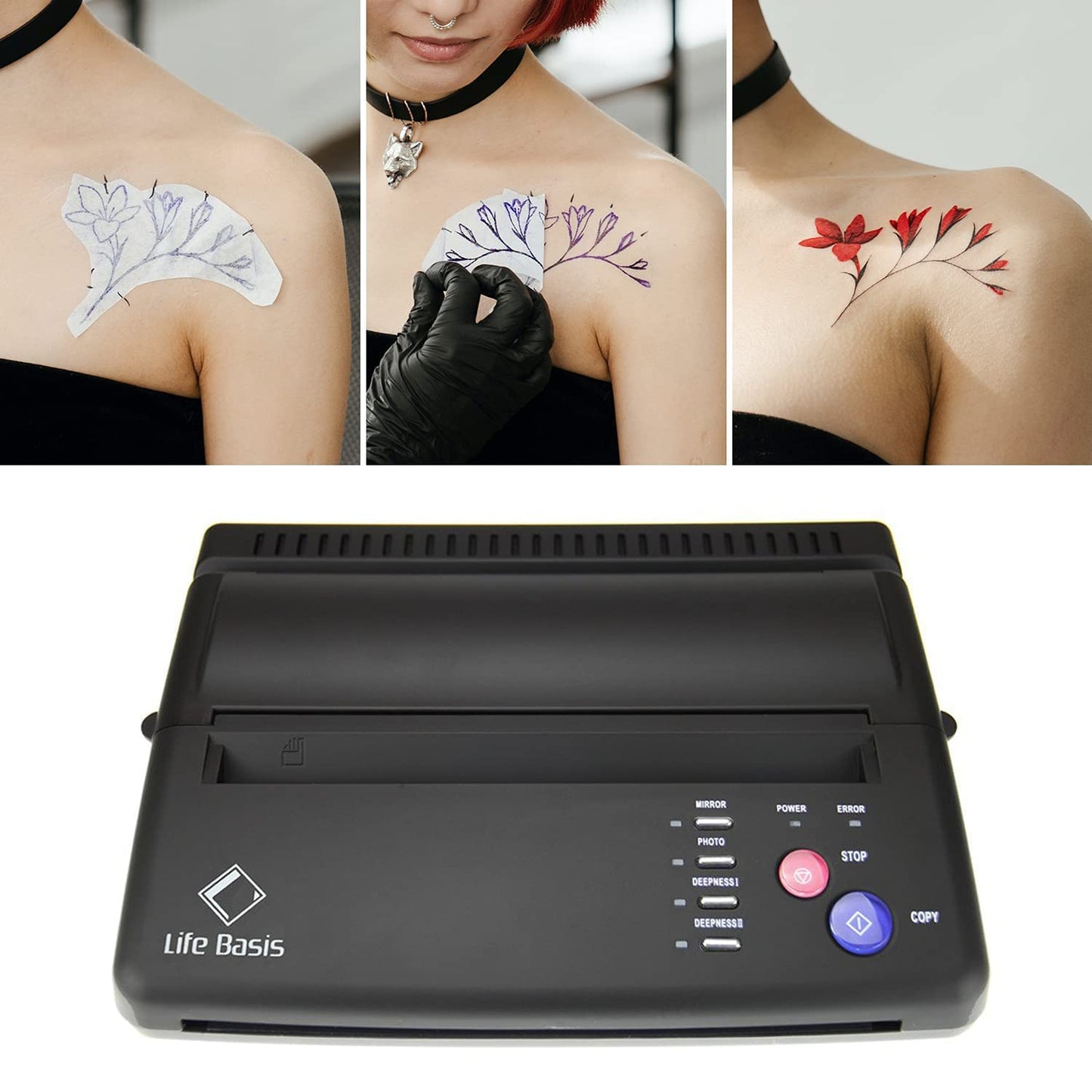 LifeBasis Tattoo Machine Set Thermal Stencil Tattoo Transfer Paper Transfer Machine Thermo Printer Copier Thermal Printer for Temporary Tattoos Tattooing Black MULTI WAY