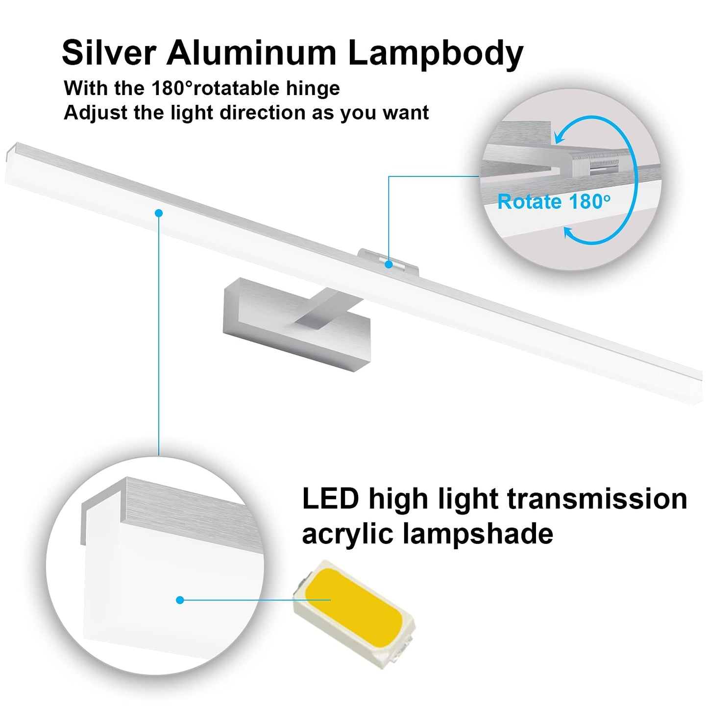 Klighten LED mirror light bathroom 24W 1170LM Cool White 6000K, 180° rotation, IP44 waterproof mirror lamp, non-dimmable bathroom light wall lighting 80CM (Silver)
